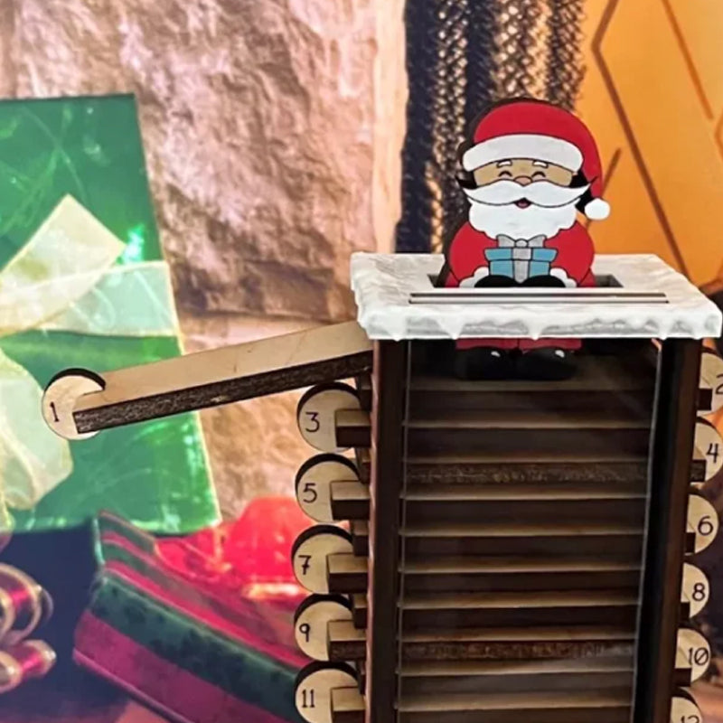 De kerstman komt door de aftelkalender voor de schoorsteen