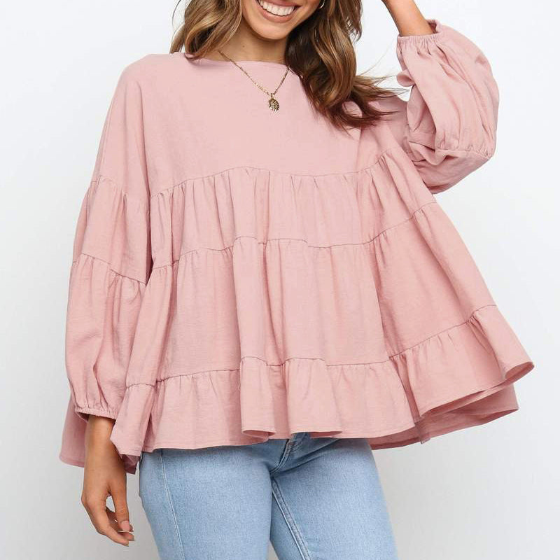 Top met ronde hals en lantaarn met lange mouwen