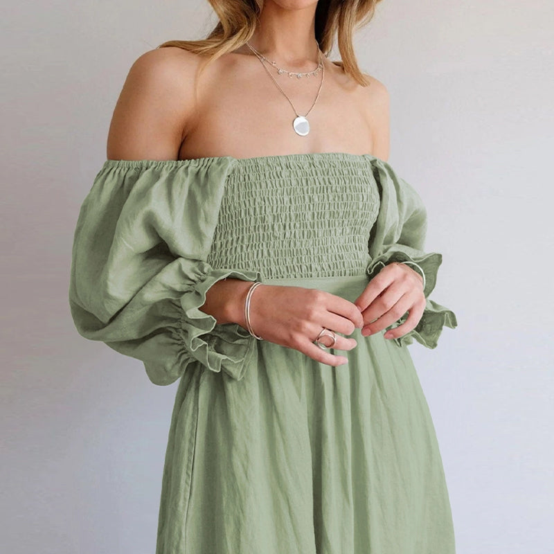 Multi-wear jurk met Franse ruches en lantaarnmouwen