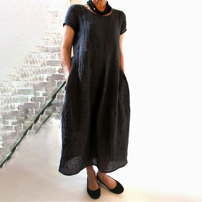 Losse katoenen jurk met ronde hals in effen kleur