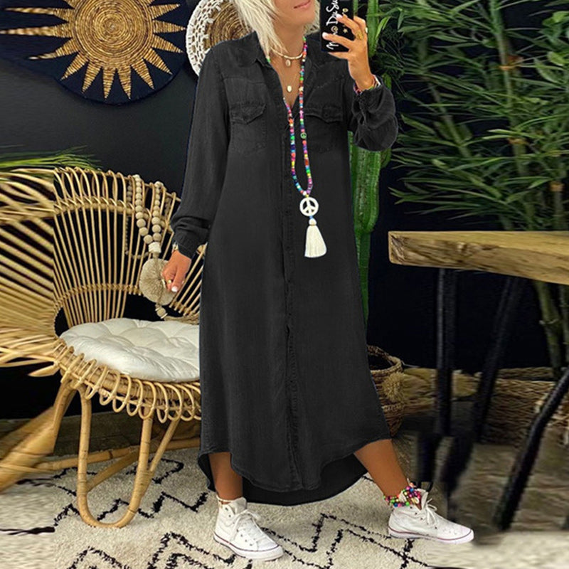 Casual spijkerjurk in effen kleur met lange mouwen voor dames（Pre-sale）
