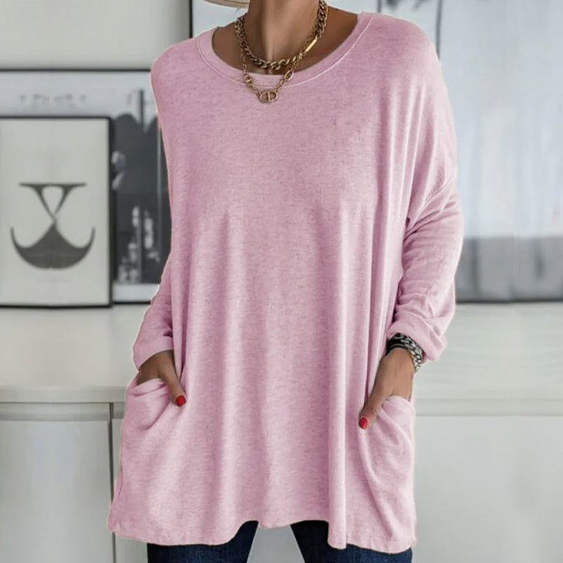 Effen kleur ronde hals top met lange mouwen
