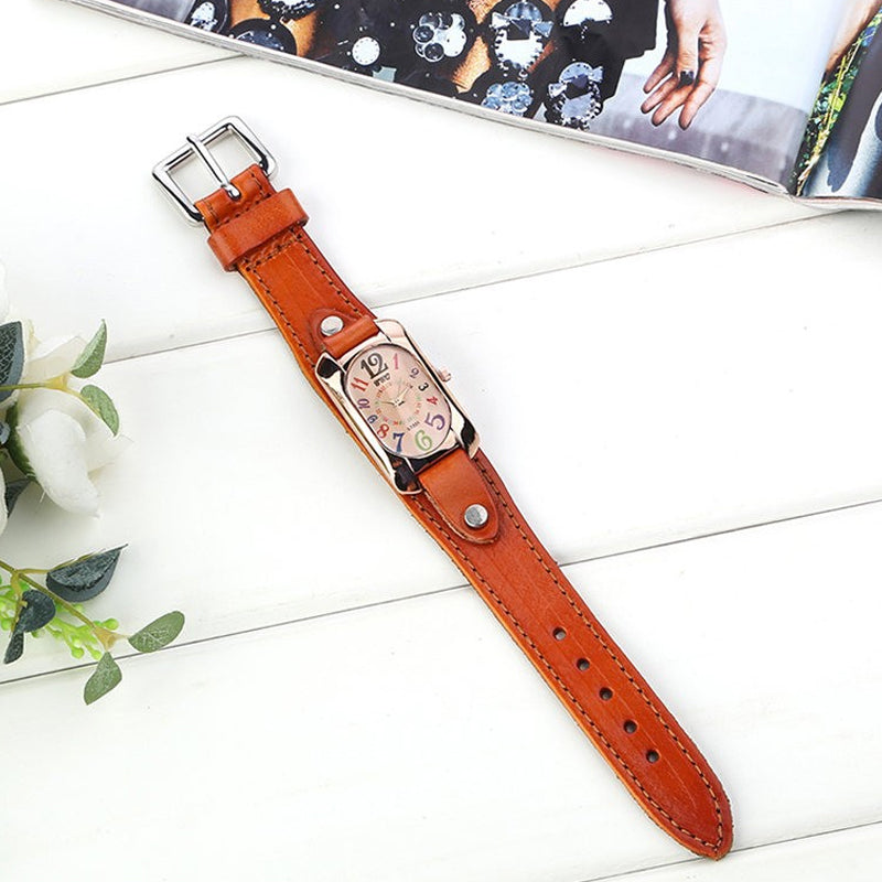 Vintage lederen quartz stenen dameshorloge