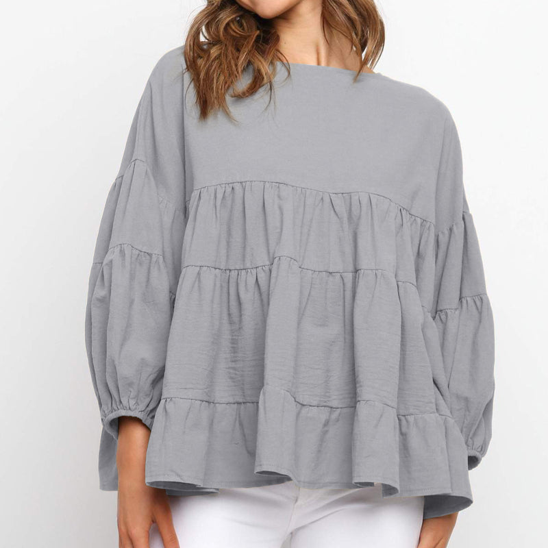 Top met ronde hals en lantaarn met lange mouwen