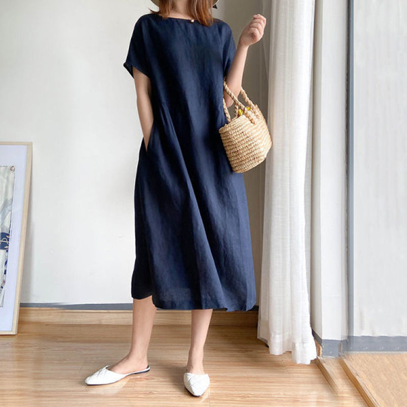 Effen kleur losvallende jurk met korte mouwen