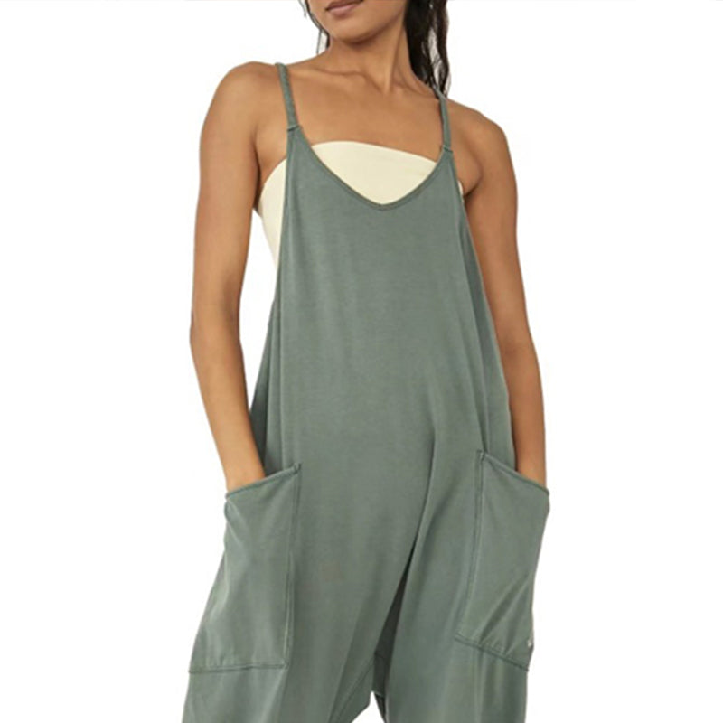 Solid Colour V-Neck Sling Pocket Jumpsuit