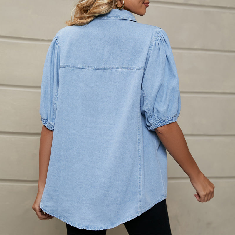 Light Blue Button Half Sleeve Shirt Collar Blouse