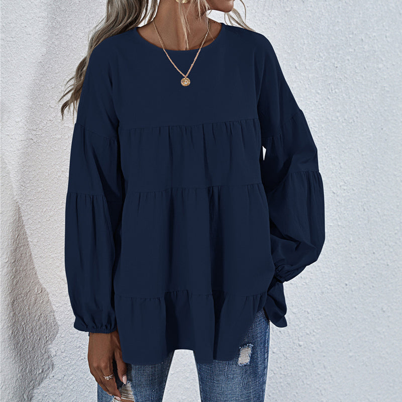 Top met ronde hals en lantaarn met lange mouwen