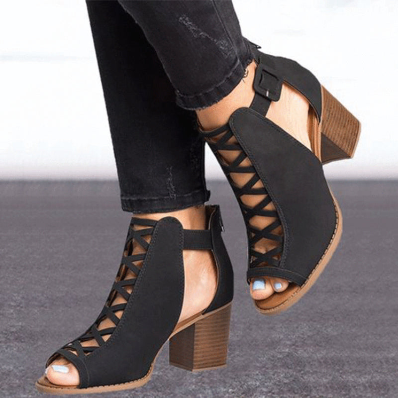 Hoge Romeinse sandalen met dikke hak en peeptoe