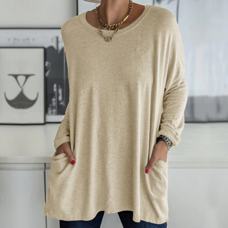 Effen kleur ronde hals top met lange mouwen