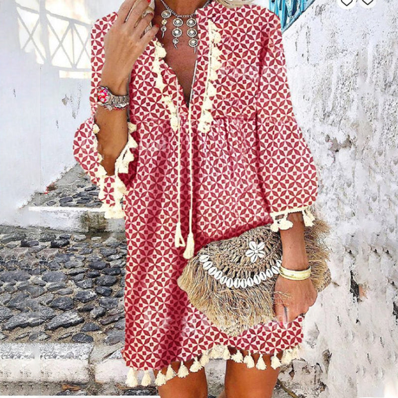 Producten Jurk met V-hals en franjes met ruches