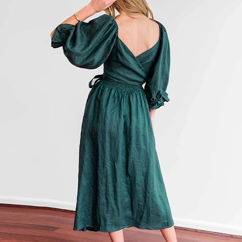 Multi-wear jurk met Franse ruches en lantaarnmouwen