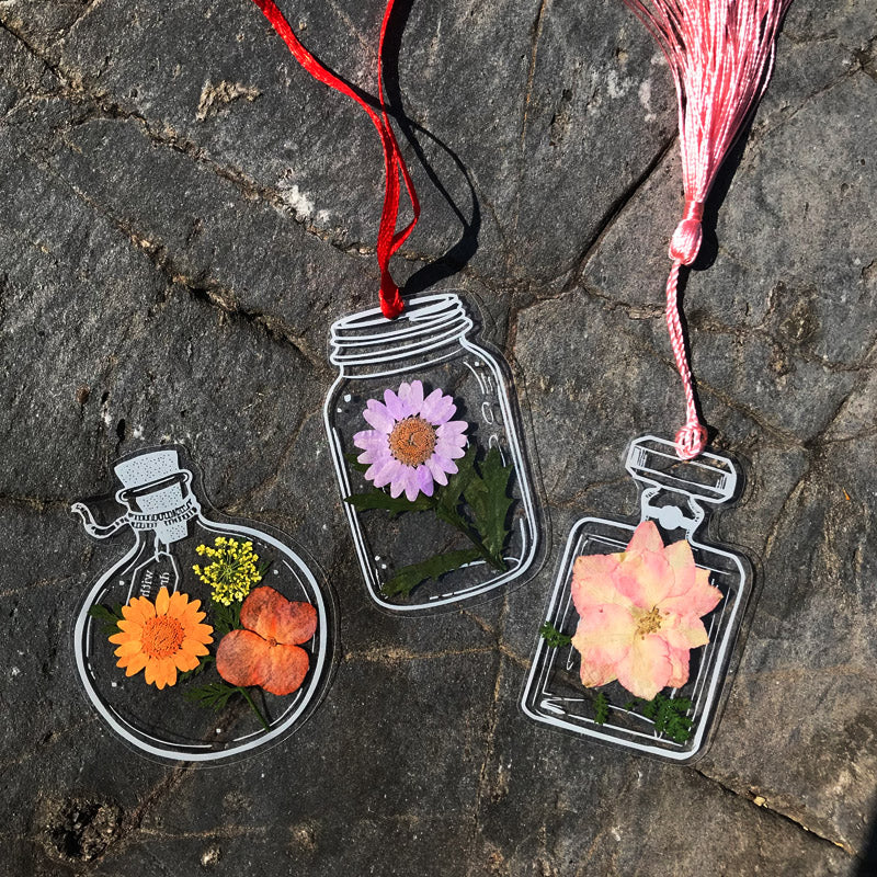 Transparante bladwijzers met gedroogde bloemen