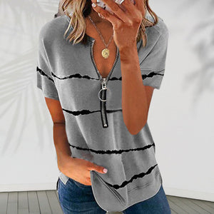 T-shirt met korte mouwen, V-hals en rits