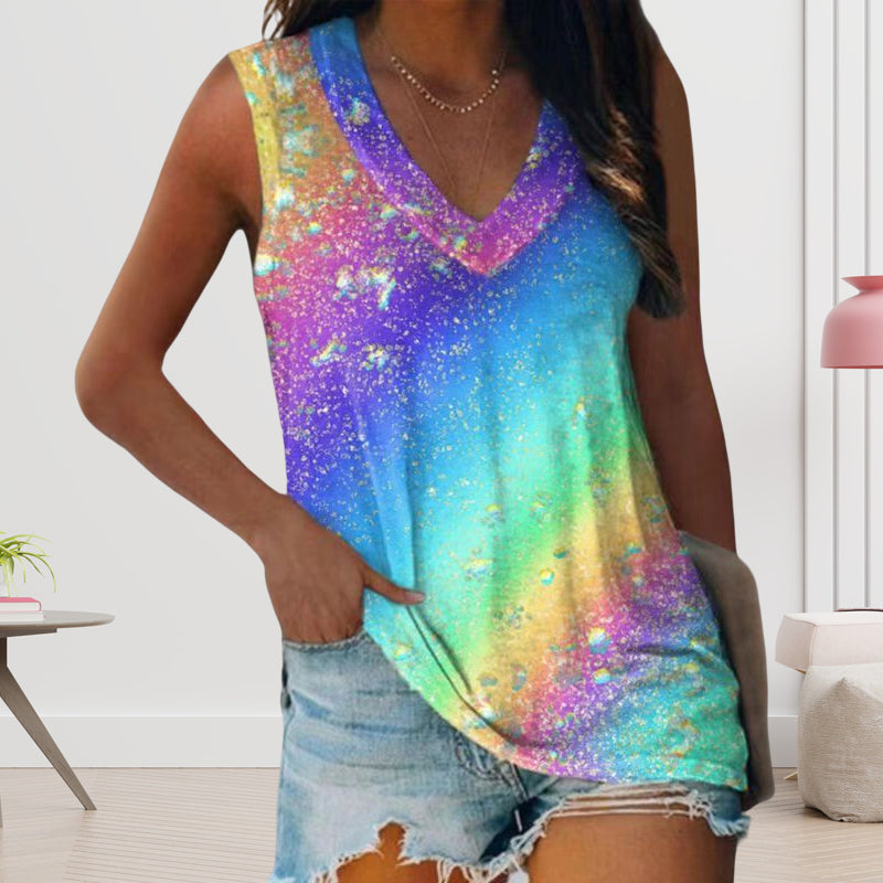 T-shirt met V-hals en veelkleurige print