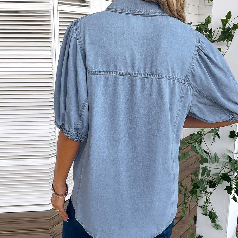 Light Blue Button Half Sleeve Shirt Collar Blouse