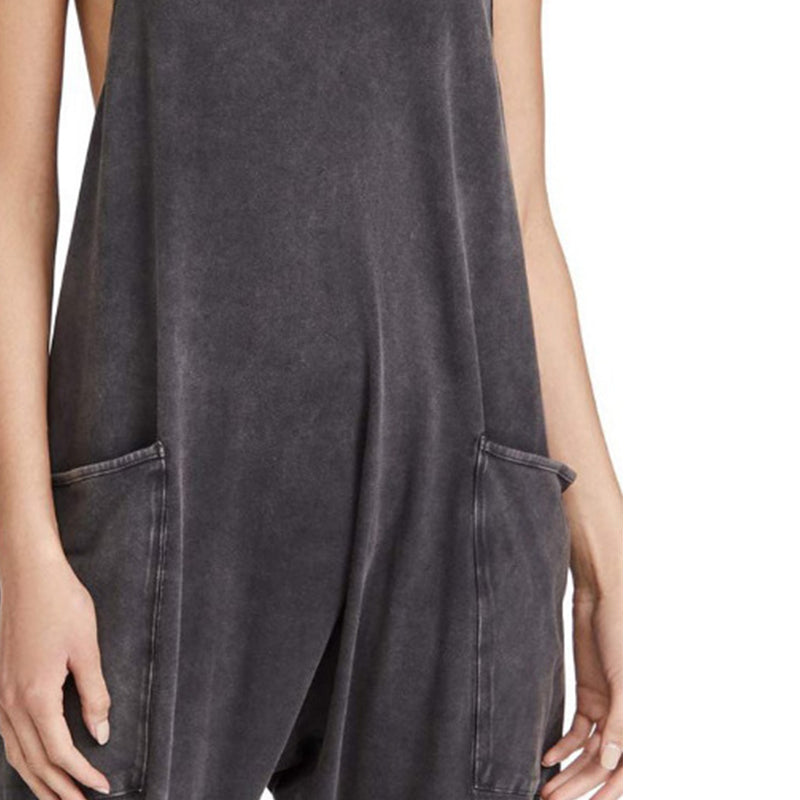 Solid Colour V-Neck Sling Pocket Jumpsuit