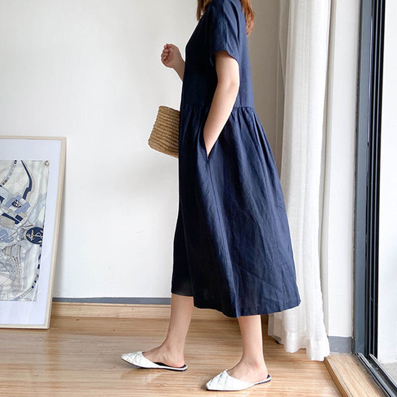 Effen kleur losvallende jurk met korte mouwen