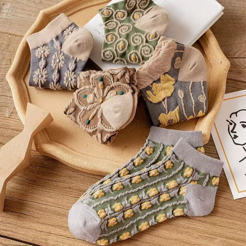 Katoenen sokken met reliëf en bloemen voor dames