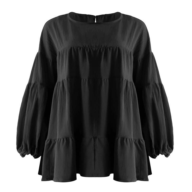 Top met ronde hals en lantaarn met lange mouwen