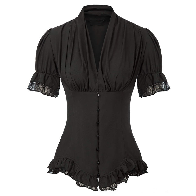 V-hals blouse met veters en korte mouwen