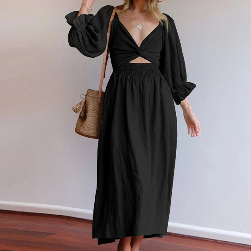 Multi-wear jurk met Franse ruches en lantaarnmouwen