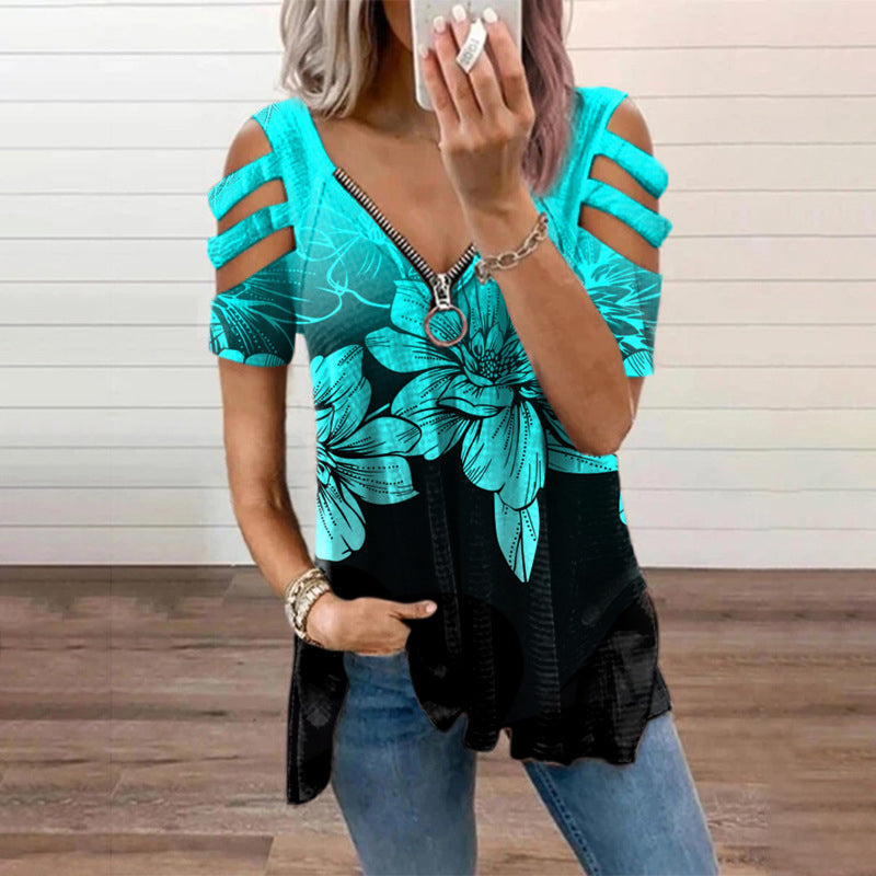 T-shirt met V-hals en rits en print