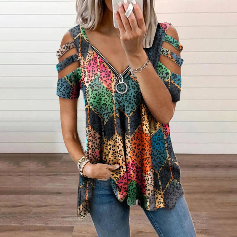 T-shirt met V-hals en rits en print