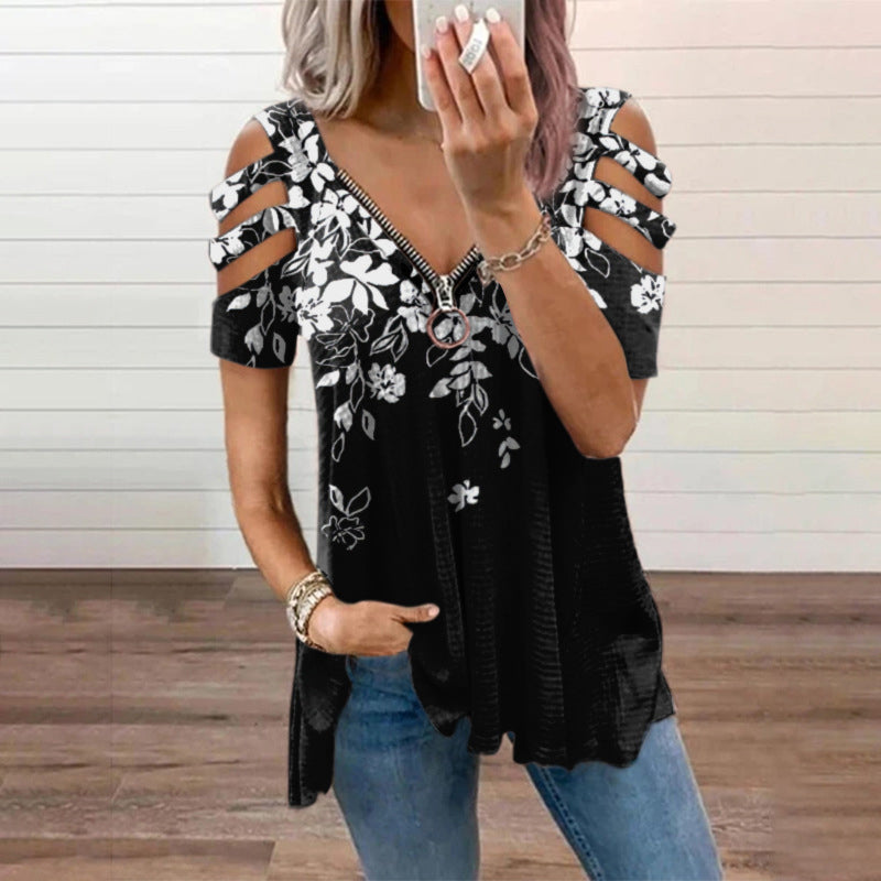 T-shirt met V-hals en rits en print