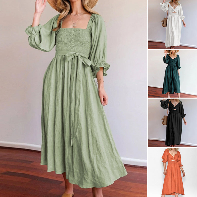 Multi-wear jurk met Franse ruches en lantaarnmouwen