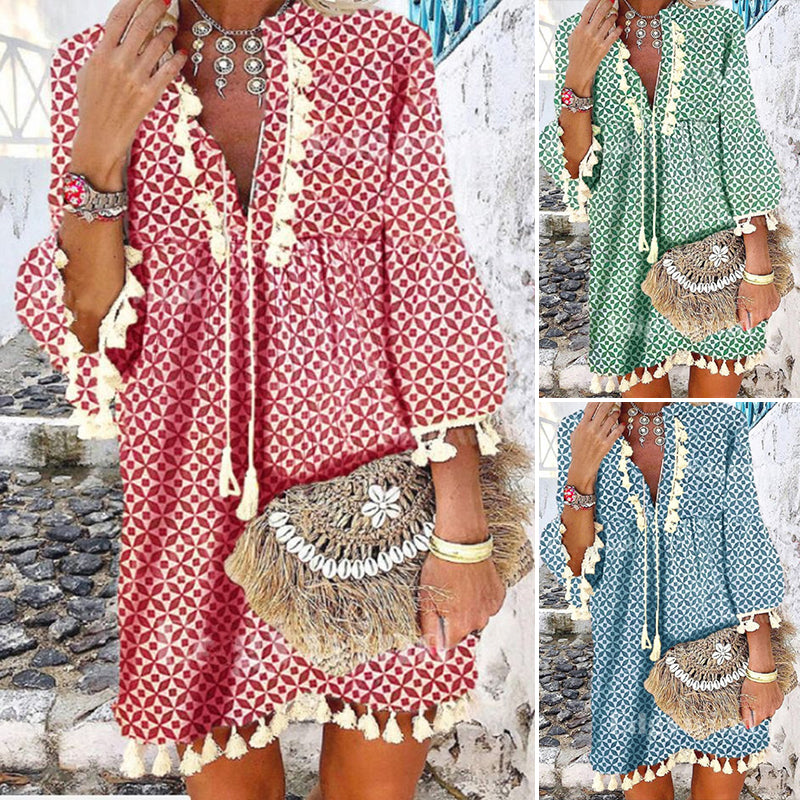 Producten Jurk met V-hals en franjes met ruches