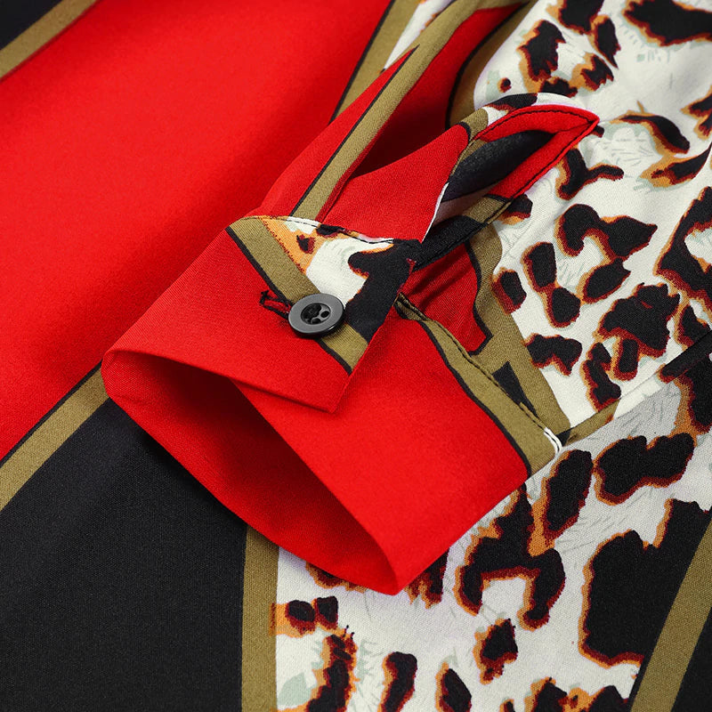 Grote maat bedrukte v-hals losse jurk met lange mouwen