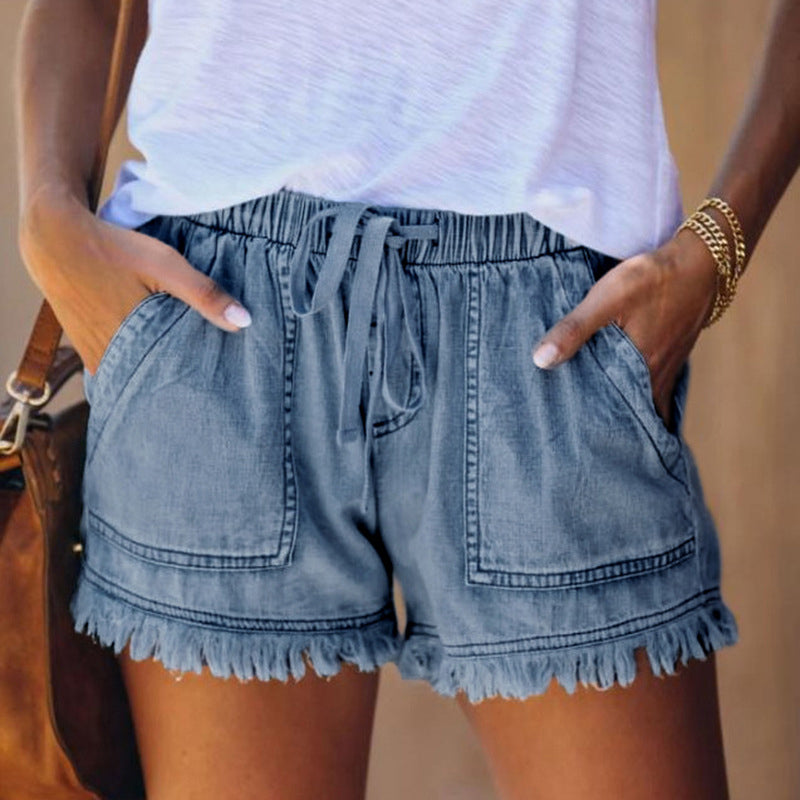 Elastische denim short met hoge taille