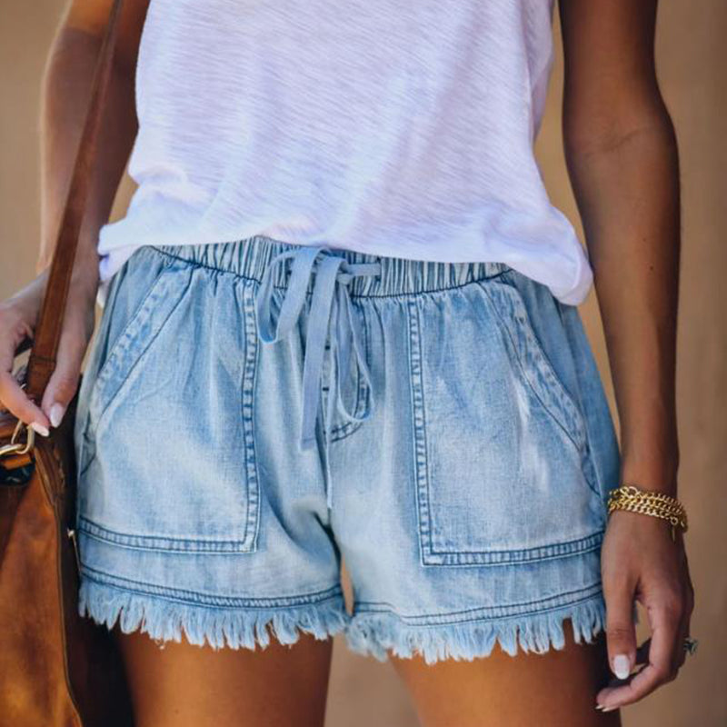 Elastische denim short met hoge taille