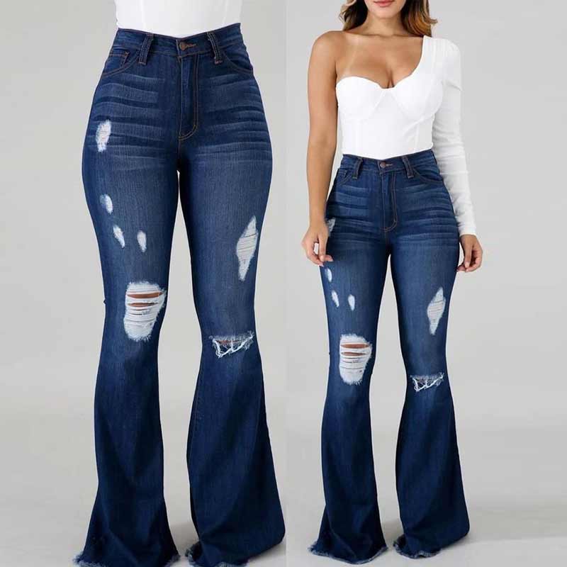 Verscheurde uitlopende broek met hoge taille