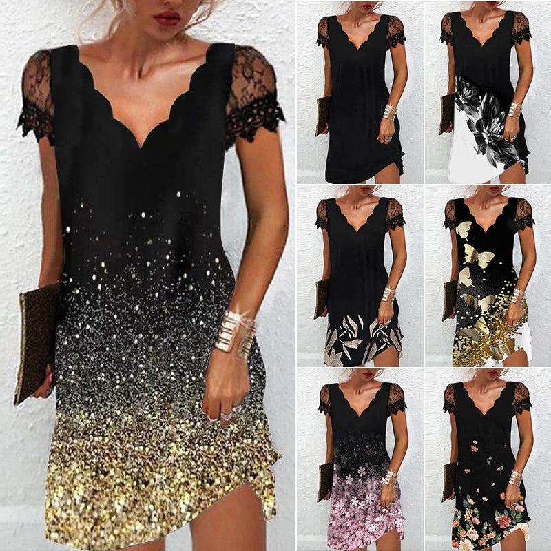 Damesjurk met V-hals, kant en korte mouwen