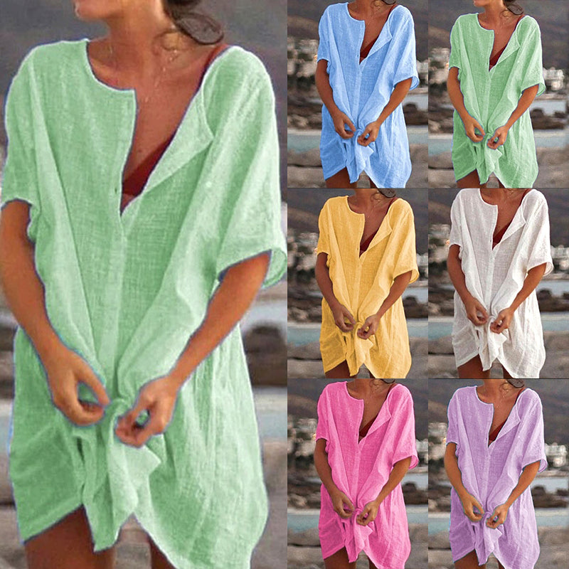 Effen, los lang overhemd van katoen en linnen voor dames