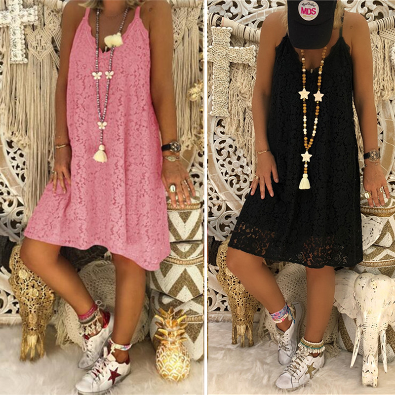 Dames zomer effen mouwloze v-hals Sling Lace losse jurk