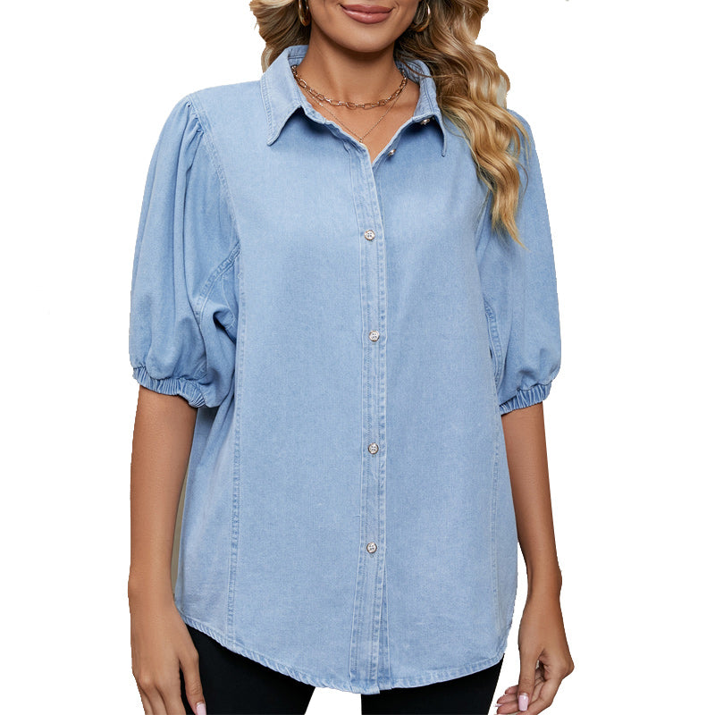Light Blue Button Half Sleeve Shirt Collar Blouse