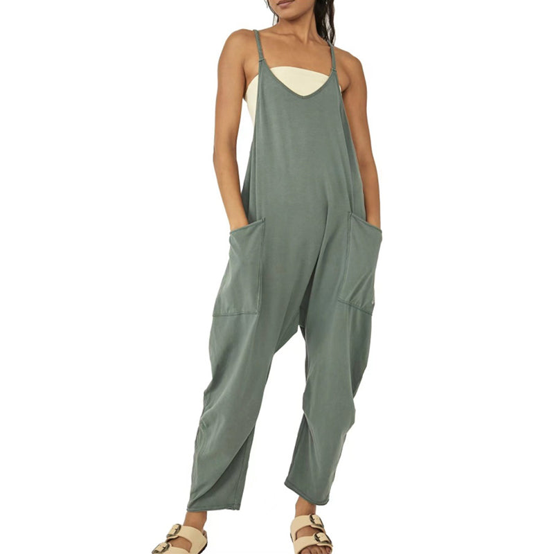 Solid Colour V-Neck Sling Pocket Jumpsuit