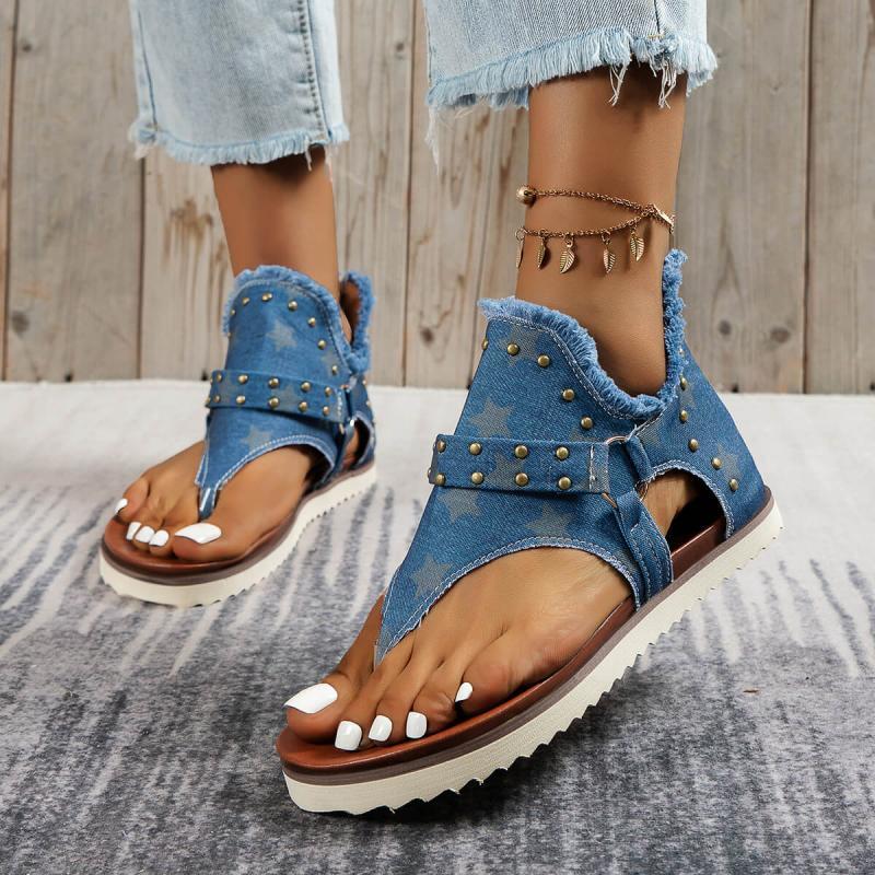 Dames Casual Denim Platte Sandalen met Rits