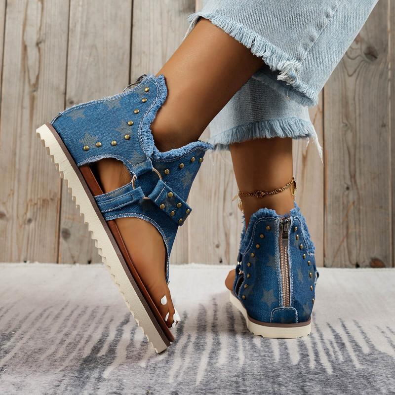 Dames Casual Denim Platte Sandalen met Rits