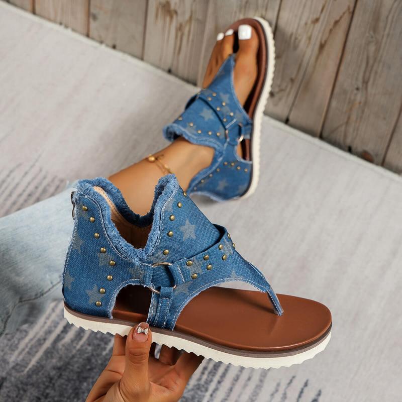 Dames Casual Denim Platte Sandalen met Rits