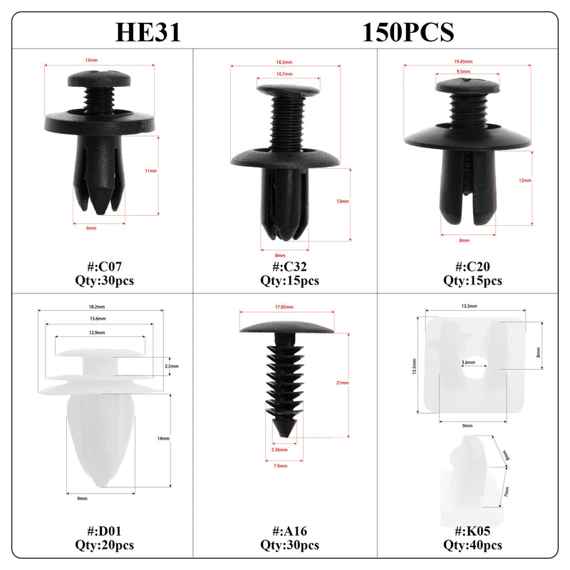 Universele kunststof spatbordbevestigingsclips（150 stuks）